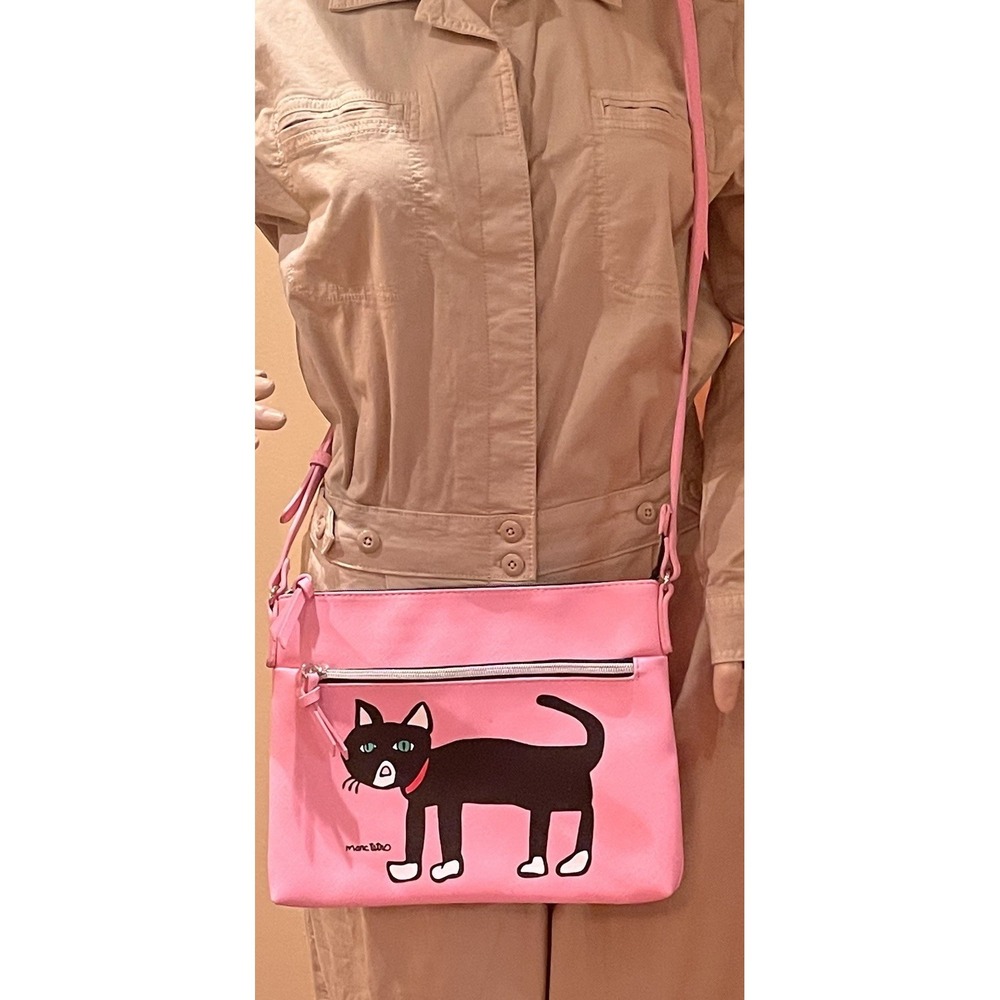 Marc Tetro Cat Crossbody Bag Pink Black Vinyl Shoulder Purse Adjustable - Picture 6 of 11